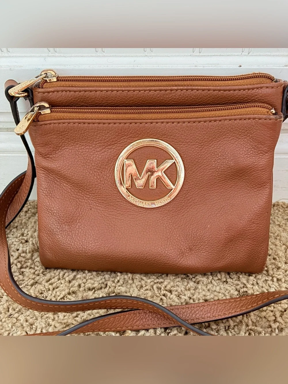 Michael Kors Chestnut Brown Leather Crossbody with Gold MK Emblem